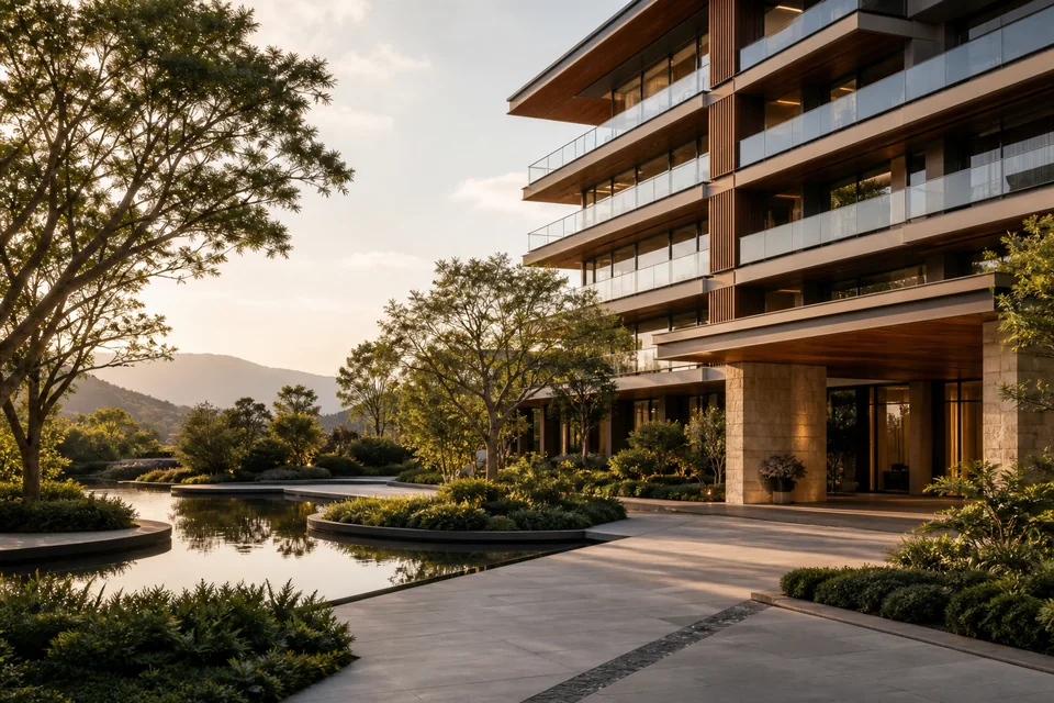 Empreendimento contemporâneo com arquitetura elegante, paisagismo e espelho d'água