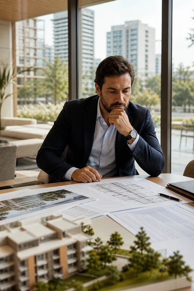 Investidor analisando plantas e um empreendimento residencial