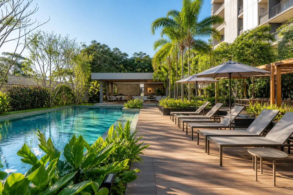 Residencial moderno com piscina e área externa integrada ao paisagismo