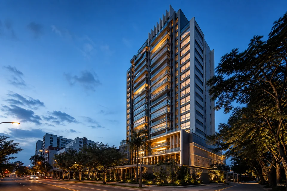 Torre residencial urbana de alto padrão iluminada ao entardecer